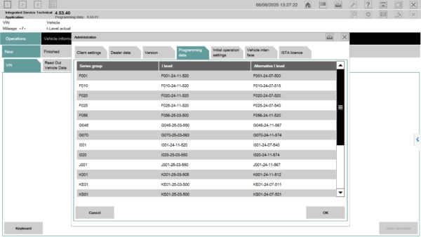 ISTA+ programming data screen showing BMW ECU information