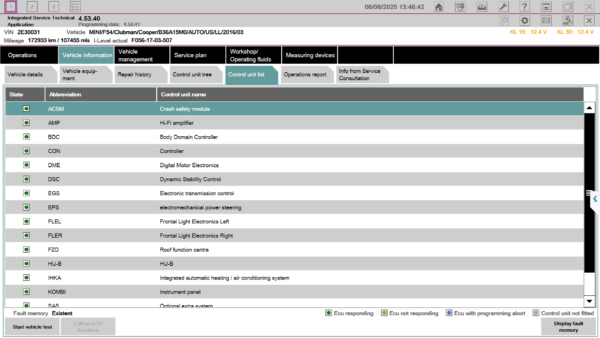 ISTA+ Test Plan screen with recommended diagnostic procedures for BMW