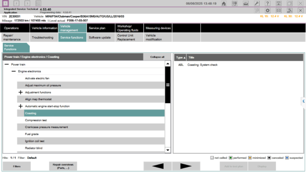 BMW service reset screen using ISTA software