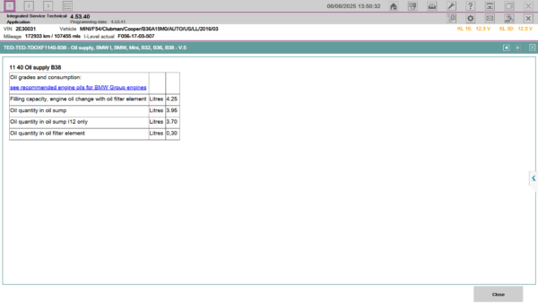ISTA+ screen showing BMW oil grades and engine oil consumption details