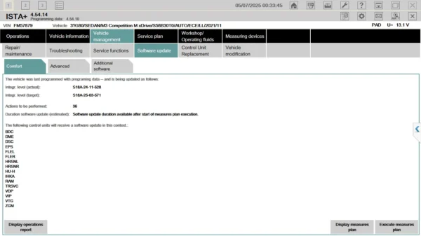 BMW software update screen in ISTA
