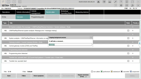 ISTA test plan screen for BMW diagnostics