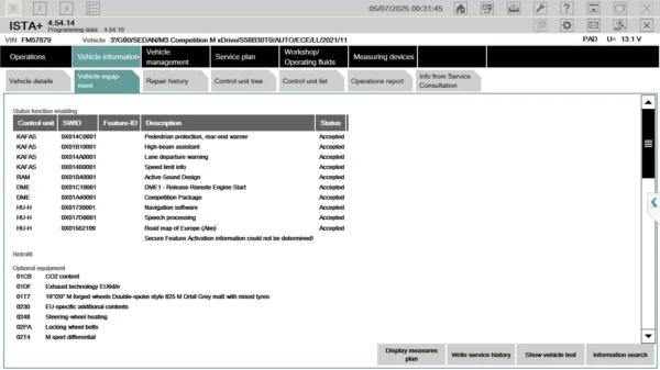 ISTA showing BMW vehicle equipment