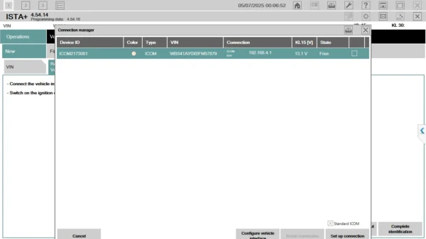 ISTA connection manager screen