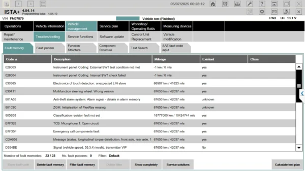 ISTA fault memory result screen
