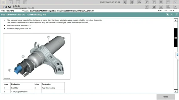 BMW fuel filter heating system info in ISTA